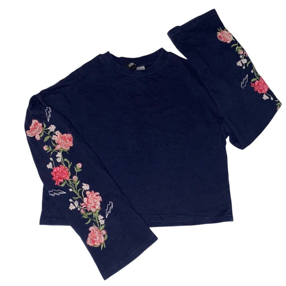 Women's Crop Top Floral Embroidered Flare Long Sleeve XS Lightning 100% Cotton